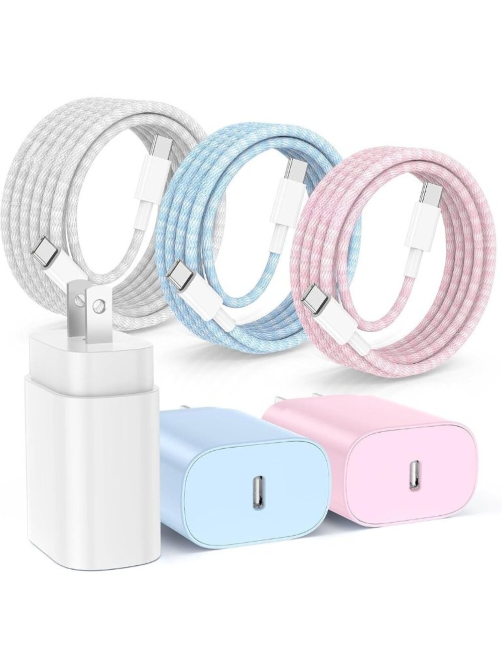 25W Fast Charging USB C Charger 3-Pack with Braided Cables for Galaxy & iPhone